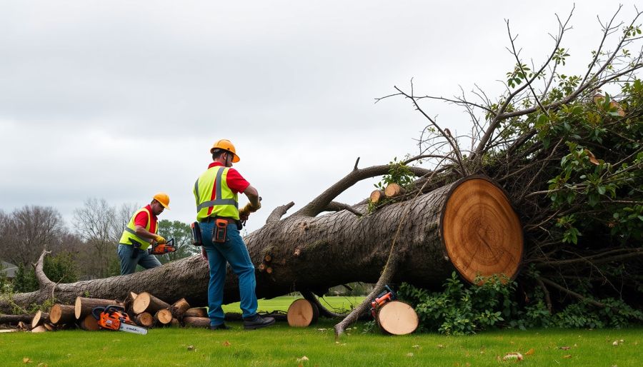 Crew cleaning up a fallen tree after a storm