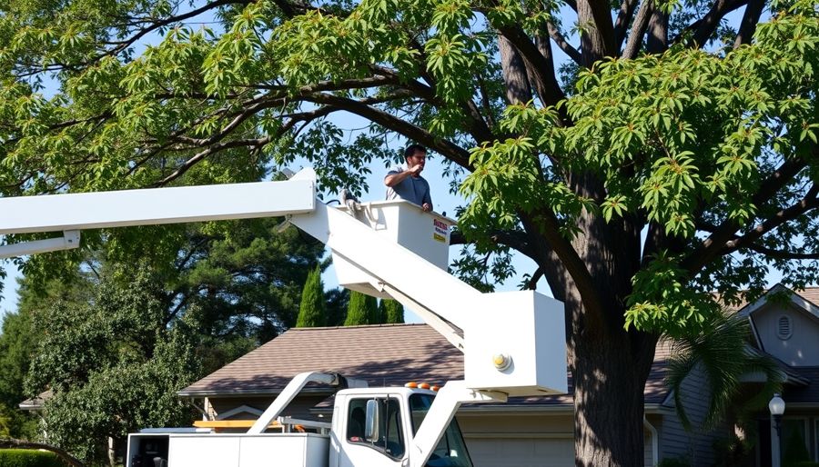 Arborist trimming from a bucket truck